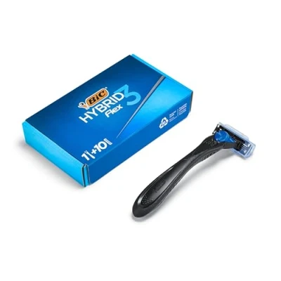 Immagine di BIC Hybrid 3 Flex Rasoio da Uomo Ricaricabile, 1 Manico in Plastica Riciclata al 90% + 10 Ricariche Lame con Banda Emolliente, Confezione 1+10 Unità