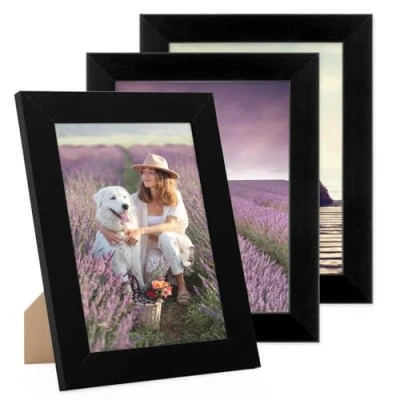Immagine di PHOTOLINI cornici 15x20 cm nero legno MDF, set di 3 larghe, moderne, plexiglass infrangibile, da tavolo o parete, accessori extra per una parete dal look raffinato