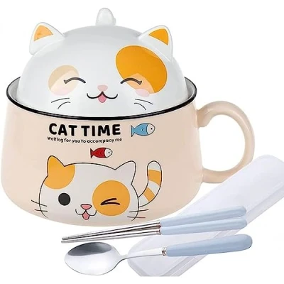 Immagine di lachineuse Ciotola per Ramen giapponese Con coperchio gatti Kawaii spaghetti istantanei e colazione posate Idea regalo anime Giappone cinese bambini