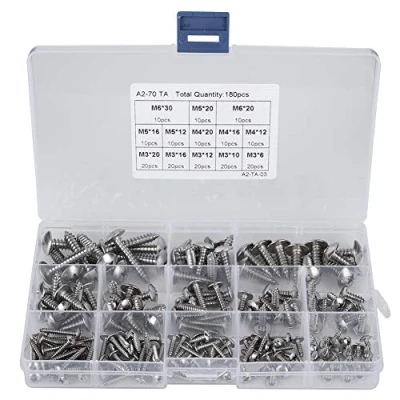 Immagine di Kit di Viti autofilettanti 180Pcs, M3 M4 M5 M6 a testa piatta in acciaio inossidabile ad alta durezza Set assortimento per scopi multipli