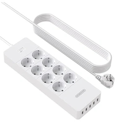 Immagine di Ciabatta Multipresa, NTONPOWER 8 Schuko con 1700 Joule Protezione da Sovratensioni e 5 Porte USB, 4000W/16A, 3 Metri Lunga Cavo Bianco