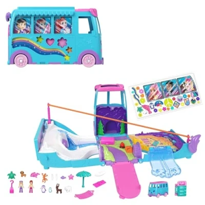 Immagine di Polly Pocket Avventura su Ruote per Cuccioli, playset camper trasformabile con 2 mini bambole e 21 accessori inclusi tra cui amici cuccioli veicolo, giocattolo bambini, 4+ anni, JCC22