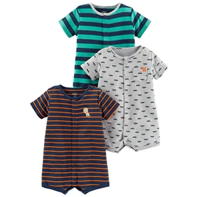 Immagine di Simple Joys by Carter&#039;s 3 Pack Snap up Rompers Pagliaccetti, Blu Marino Leone/Grigio Auto/Verde Turchese Righe Orizzontali, 0 Mesi (Pacco da 3) Bimbo