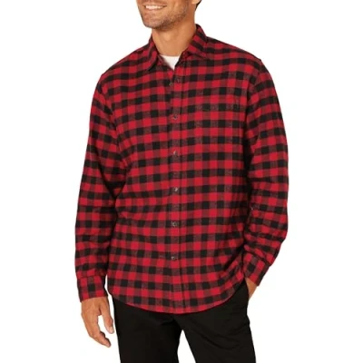 Immagine di Amazon Essentials Camicia in Flanella a Maniche Lunghe (Disponibile Taglie Extra Forti) Uomo, Nero Rosso Buffalo Plaid, L