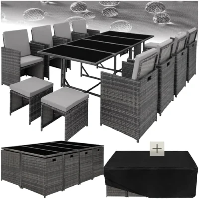 Immagine di TecTake® Set Palma in Rattan per Giardino, 8 Sedie, 4 Sgabelli, 1 Tavolo con Piano Vetro Temperato, Struttura Acciaio, Involucro di Protezione, Arredo Giardino Grigio/Grigio Chiaro