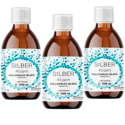 Immagine di 3 x 1000 ml argento colloidale (40 ppm) in bottiglia di vetro ambrato, acqua argentata, pura, 100%