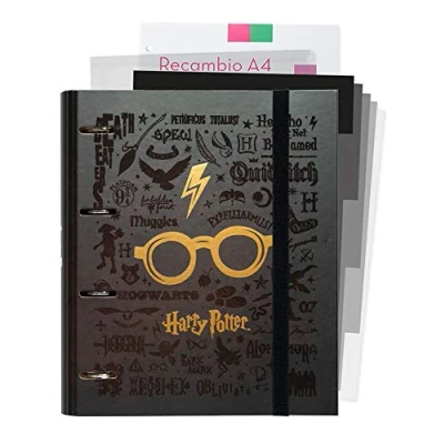Immagine di Grupo Erik: Raccoglitore Organizer Harry Potter ad anelli A4 con fogli e divisori, chiusura elastica, include block di 100 A4, separatori pagine cartella portadocumenti
