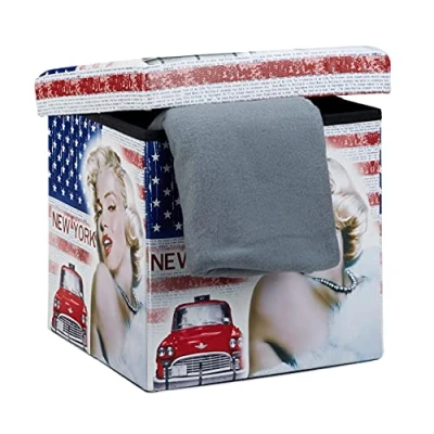 Immagine di Relaxdays Sgabello Contenitore, 38x38x38 cm, Pouf Portaoggetti, Pelle Finta, Coperchio Imbottito, Multicolore, MDF, Marilyn Monroe, Set da 1 pz
