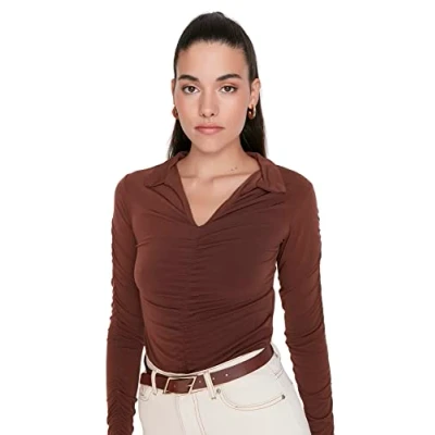 Immagine di Trendyol Camicetta da Donna Dritta a Maniche Lunghe Slim Camicia, Marrone
