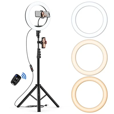 Immagine di Luce ad anello con treppiedi, 10,2 pollici LED per selfie 3 colori e 10 livelli di luminosità, telecomando supporto cellulare trucchi, streaming, YouTube, Tiktok, Vlog fotografia