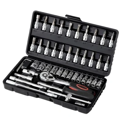 Immagine di Ordeluxe 46 pcs Cr V Set chiavi a cricchetto,Set bussola,Chiave Cricchetto con 72 denti 1/4&quot;.Chiave dinamometrica auto cromata e lucidata specchio,adatto tutte le riparazioni