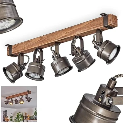 Immagine di plafoniera Pehefito, lampada da soffitto in legno/metallo marrone/nero, dal design industriale con travi legno e paralumi regolabili, 5 x GU10, senza lampadine/e