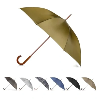 Immagine di Totes Eco Ombrello con apertura automatica classica, manico a J Stick in legno impugnatura facile, antivento, impermeabile e durevole, design baldacchino versatile da viaggio, perfetto per i