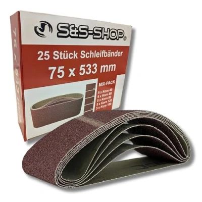 Immagine di nastro abrasivo in tessuto, 25 pezzi, dimensioni a scelta, 5 grano 40/60/80/120/180, per levigatrice e bordi, legno metallo, set di carta vetrata (75 x 533)