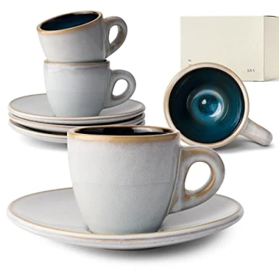 Immagine di KIVY set di tazze da caffè Espresso [4 x 75ml] Gres a parete spessa tazzine caffe particolari con piattino tazza ceramica Blu