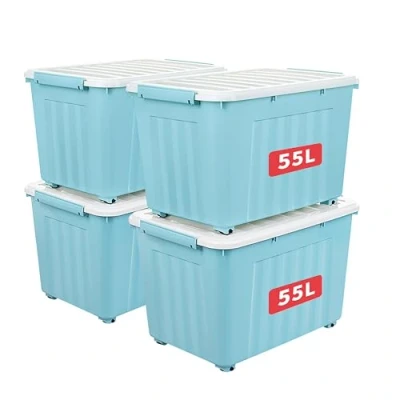Immagine di Cetomo 55L*4 Scatola portaoggetti in plastica bianca con coperchio durevole e fibbie di chiusura sicura, impilabile annidabile, confezione da 4, fibbia