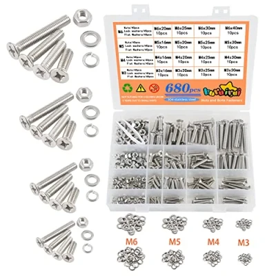 Immagine di 680PCS M3 M4 M5 M6 Kit di Bulloni e Dadi Rondelle Acciaio Inox 304 Vite Dado Viti Testa Piatta Incrociata per Assemblaggio Dispositivi Fissaggio