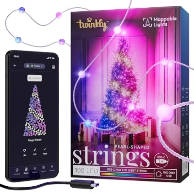 Immagine di Twinkly Strings Pearls 100 LED, Striscia Luci LED a Forma di Perla, Filo Multicolore RGB, Compatibile con Alexa, Google Home, Gaming, Alimentazione USB C, Trasparente, 6m