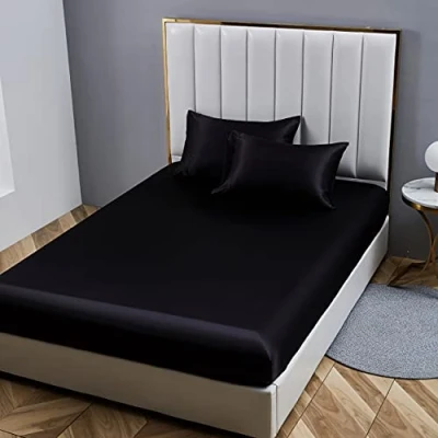 Immagine di Damier Lenzuolo con angoli elasticizzati, 200 x cm, nero, satinato, lucido, di alta qualità, in tinta unita, adatto per materassi fino a 30 cm