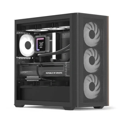 Immagine di AeroCool D301A Mid Tower Case, Gaming PC, Airflow ottimizzato, pannello frontale in rete legno, design sottile, con 4 ventole RGB, compatibile schede madri ASUS e MSI M ATX, USB Type C, nero