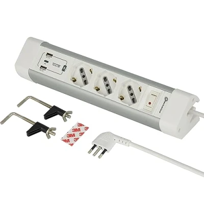 Immagine di Electraline 61920 Multipresa Scrivania 3 Posti Polivalenti, Schuko + 10/16 A, con USB (2 A 3.0A 1 C 20W Power Delivery), Cavo H05VV F 3G.1 lunghezza 2M, protezione contro sovratensioni