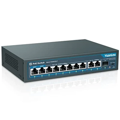 Immagine di YuanLey 11 Porte Switch Gigabit Poe, 8 Poe+ 1000 Mbps, 2 Uplink, 1 Porta SFP, 120W 802.3af/at, Metal, Qos, Ethernet Non gestito Plug And Play AI Smart Detection