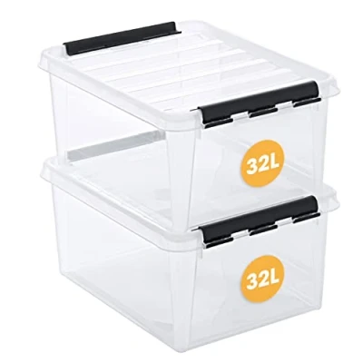 Immagine di SmartStore Contenitori di plastica rinforzata e trasparenti con coperchio a clip, confezione da 2 32L, adatte per alimenti, impilabili, senza BPA, garanzia 10 anni, 50 x 39 26 cm