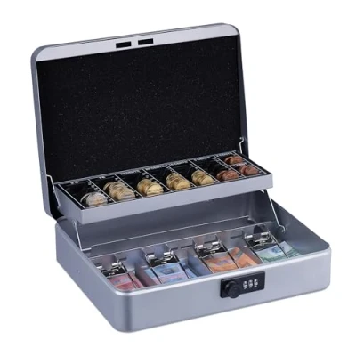 Immagine di Relaxdays Cassetta con Combinazione Numerica a 3 Cifre, per Banconote, Scomparto Monete, 8,5x30,5x25 cm, Argento, Acciaio