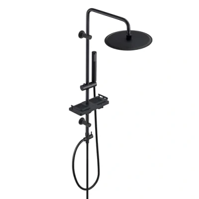 Immagine di Görbach Colonna Doccia Acciaio Inox Senza Miscelatore Fori Muro Regolabili Nero idromassaggio Asta Saliscendi con soffione a Pioggia e Porta Ogetti Mensola D25cm