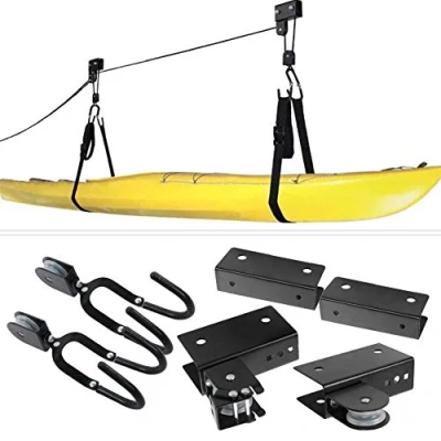 Immagine di Gru a soffitto per Kayak, Ascensore della di immagazzinaggio del Garage Kayak e Canoa con Corda Resistente, Portapacchi sospeso Ganci Paddle Board, Bicicletta capacità 125lb