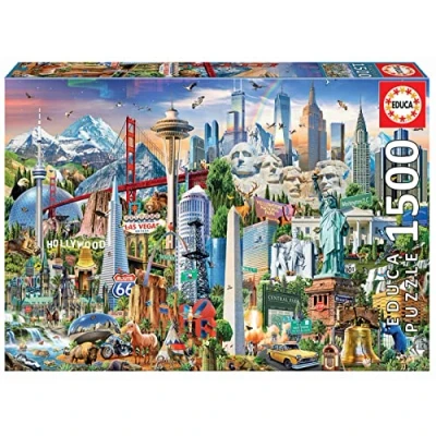 Immagine di Educa Puzzle Da 1500 pezzi per adulti North America Landmarks. Misura una volta assemblato: 85 x 60 cm. Include colla fix puzzle. 14 anni (17670)