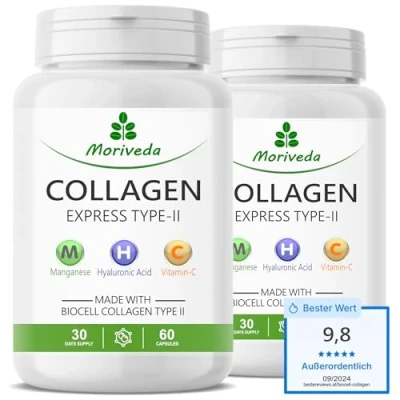 Immagine di Capsule Collagen Express con collagene biocellulare di tipo II 2 mesi fornitura acido ialuronico, condroitina solfato, vitamina C e manganese pelle capelli articolazioni da MoriVeda 2x60 pezzi
