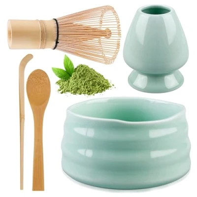 Immagine di matcha, set di scope con frusta porta scopa, ciotola in ceramica, 2 cucchiaini, accessori giapponesi per la cerimonia perfetto preparazione