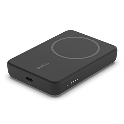 Immagine di Belkin Batteria esterna wireless magnetica da 5000 mAh, caricabatteria portatile con MagSafe, ricarica passante, uscita 7,5 W, ingresso 10 supporto estraibile, iPhone 16/15/14/13/12 Nero