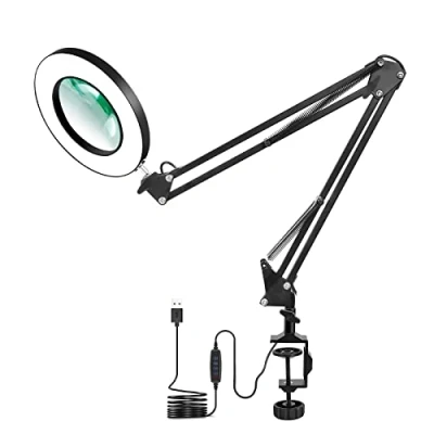 Immagine di lampada con lente d&#039;ingrandimento, 5X ingrandimento da tavolo luce per scrivania illuminata a 3 colori, braccio orientabile regolabile
