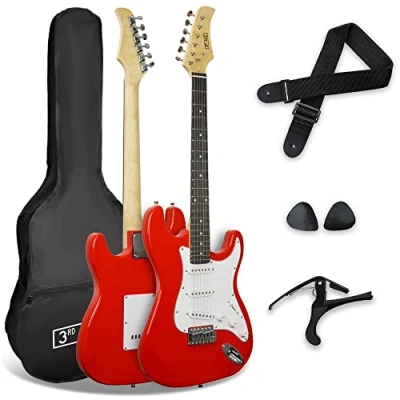 Immagine di 3rd Avenue XF Full Size 4/4 Chitarra Elettrica Starter Pack Con Borsa, Tracolla, Plettri E Capotasto Rosso