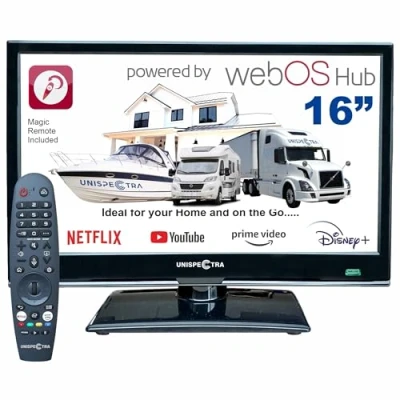 Immagine di Unispectra ® 16&quot; Smart TV (webOS) 12V Full HD LED 230v 24v Triplo sintonizzatore: satellitare, terrestre, cable. HDMI USB Telecomando magico per camper, caravan, furgone, barca