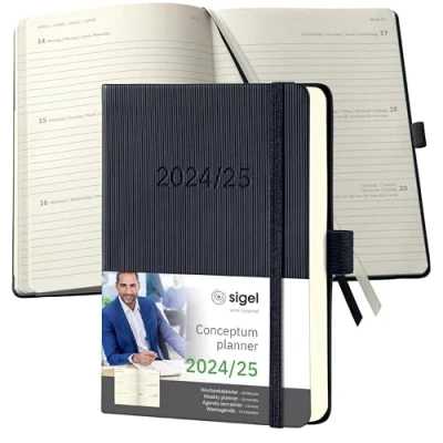 Immagine di SIGEL C2502 Conceptum Agenda settimanale 2024/2025, circa A6, nero, copertina rigida, 2 pagine = 1 settimana, 240
