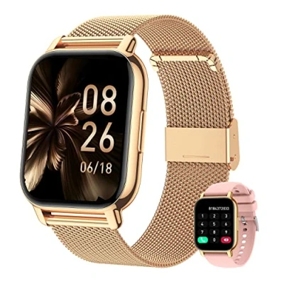 Immagine di Popglory Smartwatch Uomo Donna, 2 cinturini Orologio Chiamate e Whatsapp, Contapassi Assistente Vocale, Digitale 24H Cardiofrequenzimetro, Pressione Sanguigna SpO2 Sonno, per Android iOS