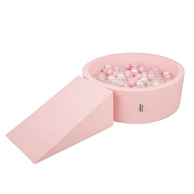Immagine di KiddyMoon Area di Gioco in Schiuma con Tondo Piscina Palline (200 Palline) per Bambini, Rosa:Rosa Chiaro/Perla/Trasparente