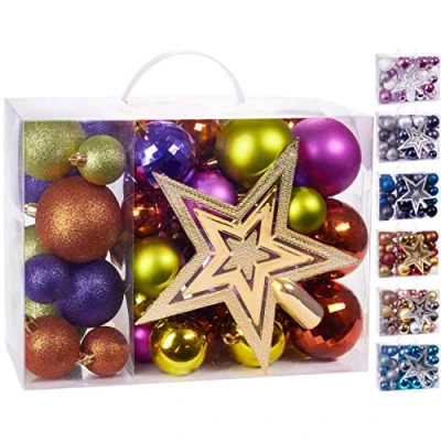 Immagine di Brubaker Set di 50 Pezzi Palline Natale con Cima d&#039;albero Decorazioni per L&#039;Albero Colorate in Viola Verde Arancione