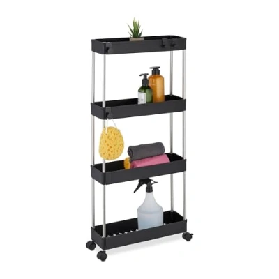 Immagine di Relaxdays Mobile Salvaspazio, Scaffale su Ruote con 4 Ripiani, Carrello per Bagno e Cucina, 88 x 41,5 14,5 cm, Nero, Plastica, Acciaio Inox