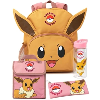 Immagine di Pokémon Eevee 4 Piece Zaino Set Personaggio animato 3D Orecchie Rosa Pranzo Borsa Pencil Case Water Bottle Gioco Back to School Bag Regali