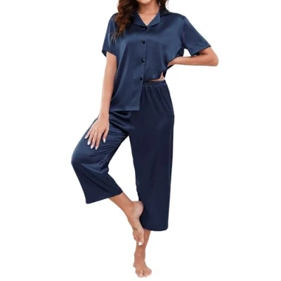 Immagine di Reliwel Pigiama Donna Estivo in Seta con Bottoni Set da a Maniche Corte e 3/4 Pantalone Raso Scollo V 2 Pezzi Comodo Morbidissimo