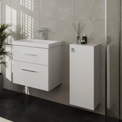 Immagine di Planetmöbel set di mobili da bagno 60 con lavabo e 1 armadietto medio in bianco, 3 pezzi
