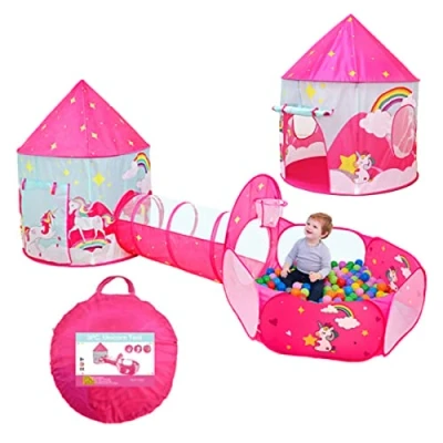 Immagine di Benebomo pop up tenda da gioco per bambini,Set bambini 3 in 1 pieghevole casa unicorno,Tunnel della fossa palla casetta dei giochi bambini,Casetta giardino