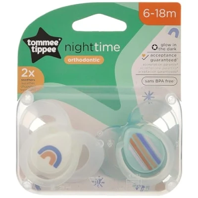 Immagine di Tommee Tippee Night Time Glow in the Dark Soothers, Symmetrical Orthodontic Design, BPA Free Silicone, 6 18 Months, Pack of 2 Dummies, Assorted