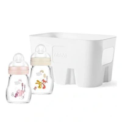Immagine di MAM Feel Good Combi set di 2 biberon in vetro (170 ml), con tettarella, misura 1 e cestino per bottiglie, regalo bambini, dalla nascita, scoiattolo/volpe