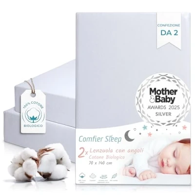 Immagine di Lenzuola Lettino Neonato 70x140 cm Con Angoli 100% Cotone Biologico Completamente Naturali Colore Grigio Set di 2 Culla Ultra morbide e Comode Per il Tuo Bambino