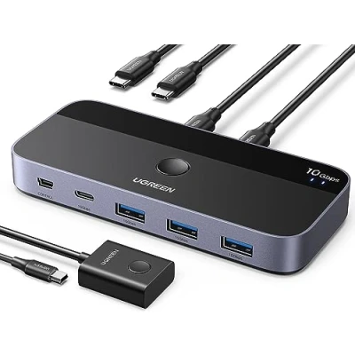 Immagine di UGREEN Switch USB C 3.2 10Gbps 4 porte 2 Ingressi Uscite PC KVM con Controller Desktop e Cavi Inclusi per Tastiera Mouse Stampante Hard Disk Scanner